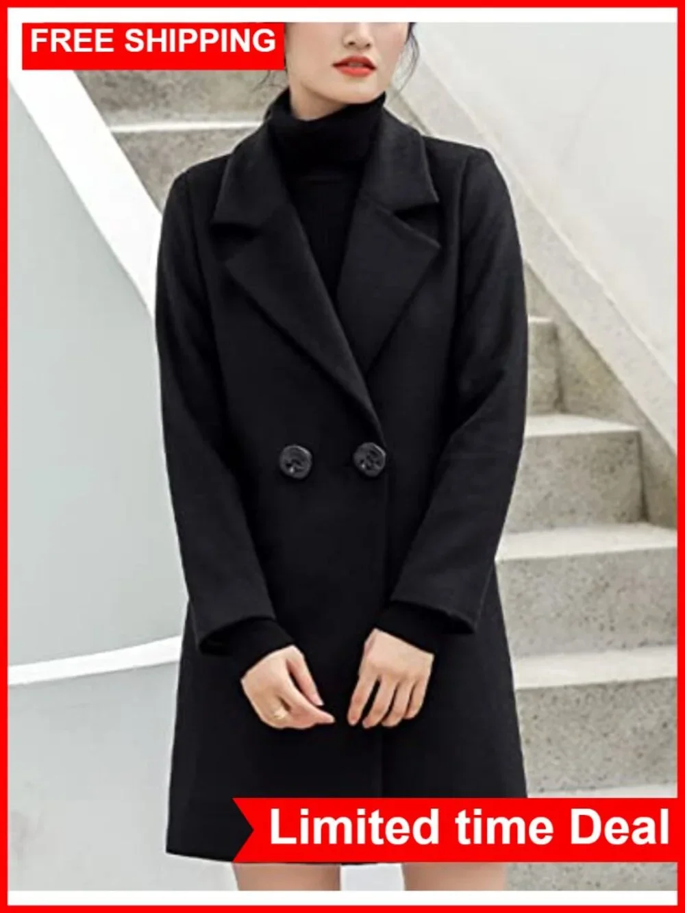 Wool Cotton Blend Pea Coat Long Notch Lapel Double Breasted